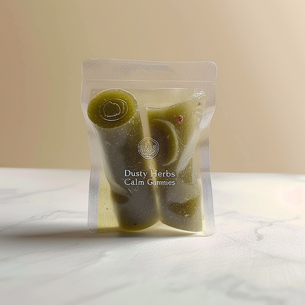 Herbal infused guava candy rolls by Dusty Herbs, dusted with herbs, showcasing fruity, relaxing edible fruit rolls.