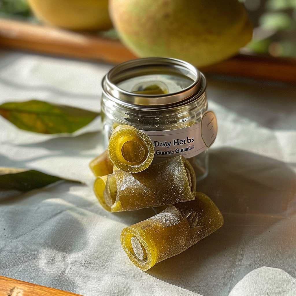 Dusty Herbs herbal infused guava candy rolls in a glass jar, showcasing vibrant fruit rolls infused with relaxing herbal dust.