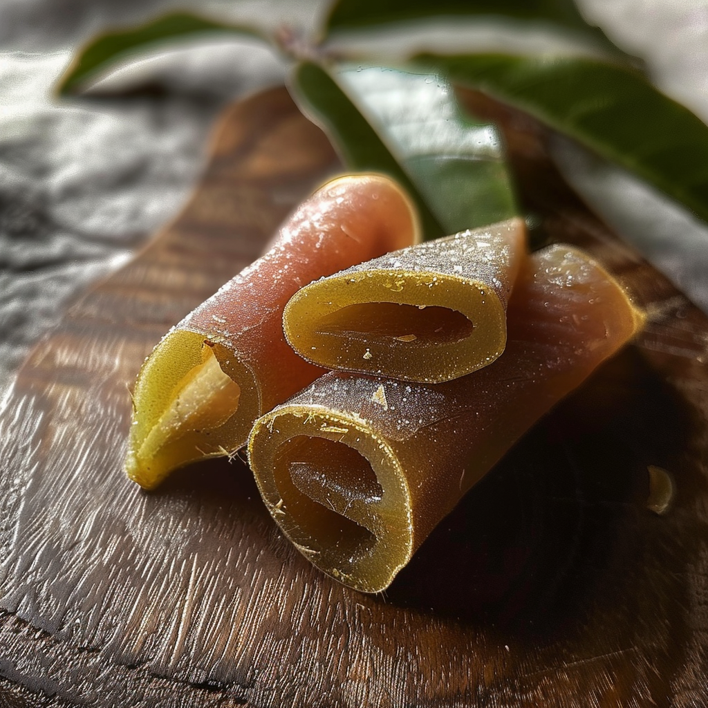 Dusty Herbs herbal-infused guava candy rolls featuring relaxing fruit flavors and herbal dust coating in a close-up shot.