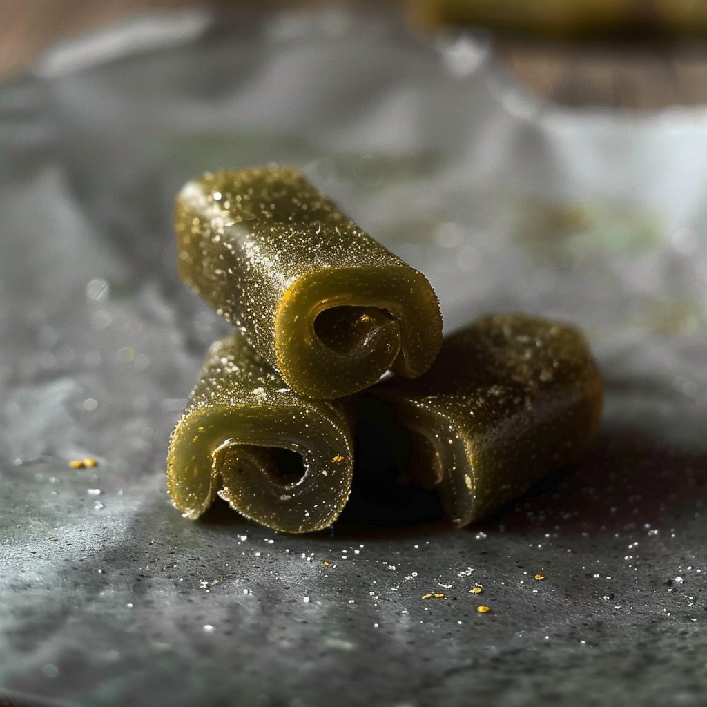 Dusty Herbs herbal infused guava candy rolls with dusted herbs, relaxing fruit rolls for mood enhancement, shown in the image.